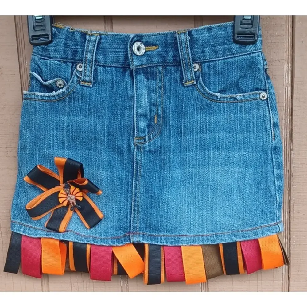 Toddler Thanksgiving Denim Skort Size 2 Turkey Ribbon Hem Heart Pockets